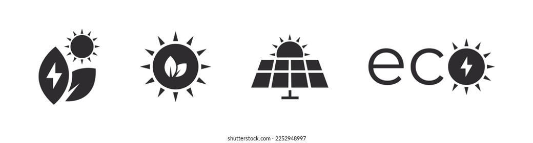 Solar energy. Solar electricity. Solar panel icons. Green energy icon set. Icons of electricity. Vector illustration