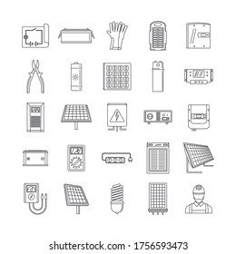 Solar energy equipment icons set. Outline illustration of 25 solar energy equipment cargo vector icons for web