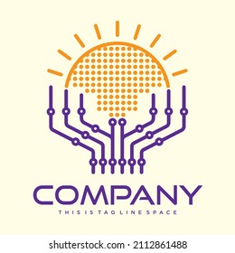 Solar energy expression by combining digital sun and a pair of hand designed with an electronic circuit in the symmetrical style vector logo