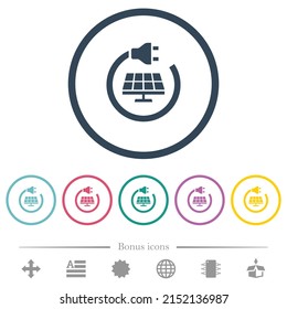 Solar energy flat color icons in round outlines. 6 bonus icons included.