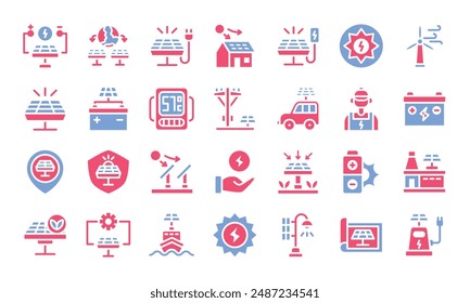 Solar energy flat two - color icons set. Perfect for digital and print media.Vector illustration
