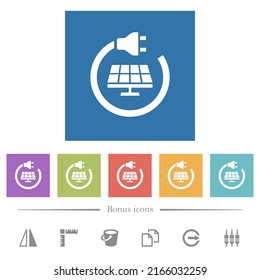 Solar energy flat white icons in square backgrounds. 6 bonus icons included.