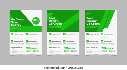 Solar energy flyer design template bundle. Go green save energy poster leaflet design 3 in 1 bundle template