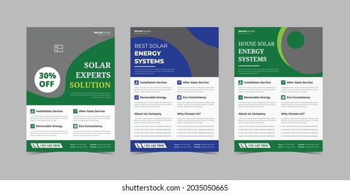 Solar energy flyer design template bundle. Go green save energy poster leaflet design 3 in 1 bundle template