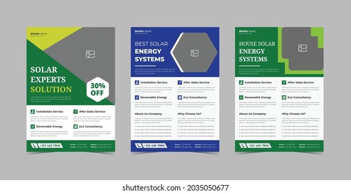 Solar energy flyer design template bundle. Go green save energy poster leaflet design 3 in 1 bundle template