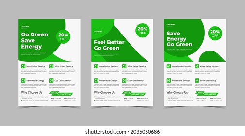 Solar energy flyer design template bundle. Go green save energy poster leaflet design 3 in 1 bundle template