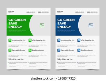 Solar energy flyer template. Flyers for solar. Green energy poster design. Go green save energy flyer leaflet design