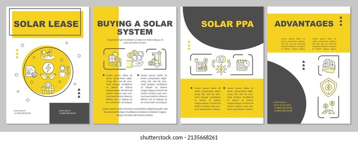 Solar energy getting ways yellow brochure template. Sustainable power. Leaflet design with linear icons. 4 vector layouts for presentation, annual reports. Arial, Myriad Pro-Regular fonts used