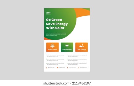 solar energy go green save energy flyer design template. solar systems for your home and business poster, leaflet design.