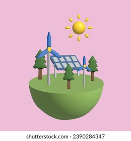 Solar energy. Green sustainable eco-friendly energy, alternative power concept. Realistic 3d object cartoon style. Vector colorful illustration.