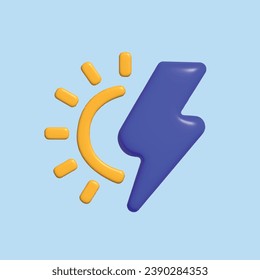 Solar energy. Green sustainable eco-friendly energy, alternative power concept. Realistic 3d object cartoon style. Vector colorful illustration.