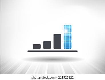 Solar Energy Growth Icon. Concept showing rising bar chart with solar panels as the highest bar. Background and graph layered for easy customization. Fully scalable vector illustration.