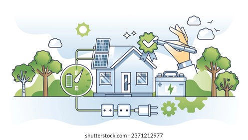 Solar energy home storage with charged green batteries outline concept. Sustainable and environmental solution for off grid electricity consumption vector illustration. Accumulator unit for eco house