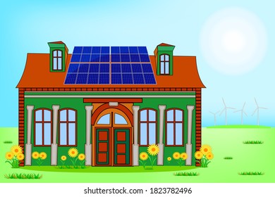 Solar energy home. Sustainable eco residential house with blue solar panels on red roof. Green energy in countryside landscape. Concept of renewable energy, eco power source. Stock vector illustration