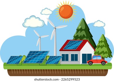 Solar energy with house and solar cell  illustration