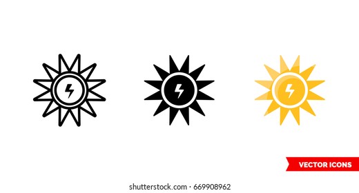 Solar energy icon of 3 types: color, black and white, outline. Isolated vector sign symbol.