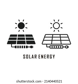 Solar energy Icon. Black and line icon set. Solar Panels, power, renewable energy, Eco energy. Vector design eps 10 editable.