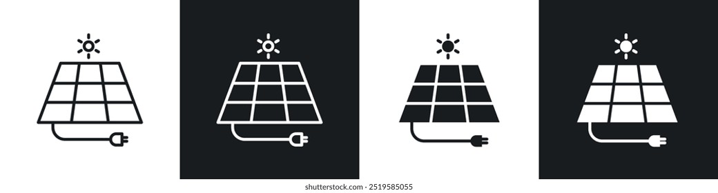 Solar energy icon collection in black and white filled and stroke line style.