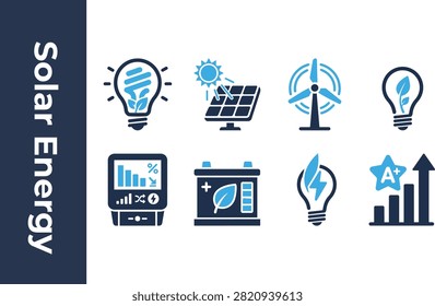 Solar energy icon collection isolated on white background featuring renewable power panels wind turbines batteries and sustainability
