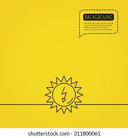 Solar energy icon. Ecological resources sign. Speech bubble of dotted line. Orange background. Vector