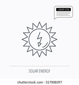 Solar energy icon. Ecological resources sign. Linear outline icon. Speech bubble of dotted line. Vector