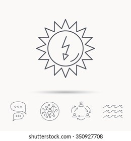 Solar energy icon. Ecological resources sign. Global connect network, ocean wave and chat dialog icons. Teamwork symbol.