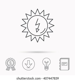 Solar energy icon. Ecological resources sign. Download arrow, lamp, learn book and award medal icons.