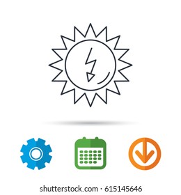 Solar energy icon. Ecological resources sign. Calendar, cogwheel and download arrow signs. Colored flat web icons. Vector