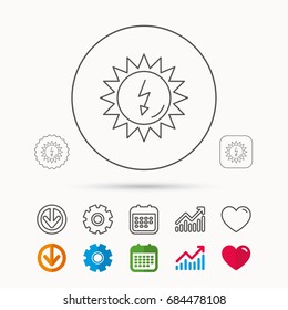 Solar energy icon. Ecological resources sign. Calendar, Graph chart and Cogwheel signs. Download and Heart love linear web icons. Vector