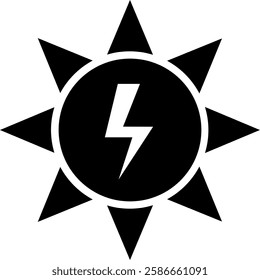 The solar energy icon. Lightning inside the sun with an arrow. Ecological electricity. Flat black vector image.
