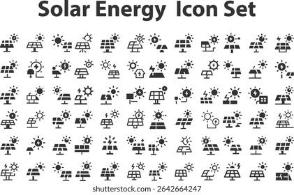 Solar Energy Icon Set.eps coleção, esboços, ilustrações de logotipo, símbolos da web, estilo de contorno pictogramas pacote isolado no fundo branco. Gráficos vetoriais. ilustração de stock
