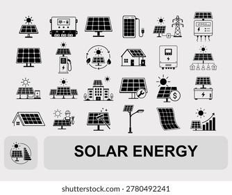 Solar energy icon set with solar energy collection and 25 photovoltaic power icons black and white vector