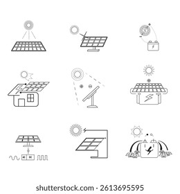 Solar energy icon set featuring solar panels, sun, battery storage, and energy flow. Ideal for clean energy, eco tech, and renewable power illustrations.