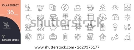  Solar Energy icon set. Renewable energy related line icons: sun, solar panel, electricity, power, eco, battery, sustainable, , charging, environment and more. Editable stroke. Vector illustration