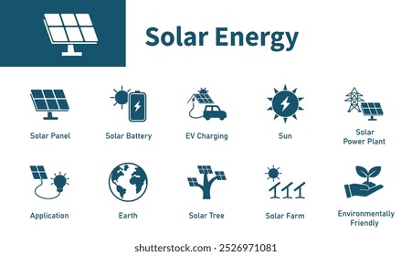 Ícone de energia solar. Conjunto de símbolos vetoriais sólidos sobre o tema do sol, painéis solares, geração de eletricidade, energia renovável.