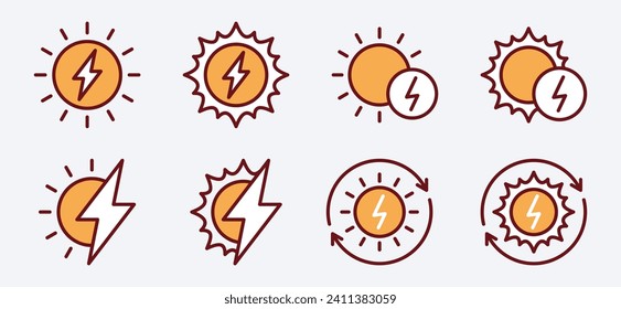 Solar energy icon set. Sun power energy icon symbol. Renewable and green electricity energy. Alternative sources energy. Vector illustration