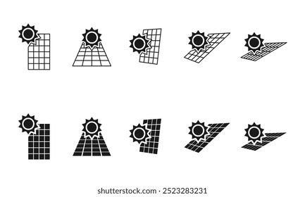 Solar-Icon-Set, Sonne mit Solarpanel-Icon. Vektorgrafik einzeln auf weißem Hintergrund.