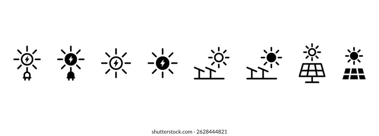 Solar energy icon set with sunlight electricity renewable source photovoltaic panel eco green power in modern vector illustration.