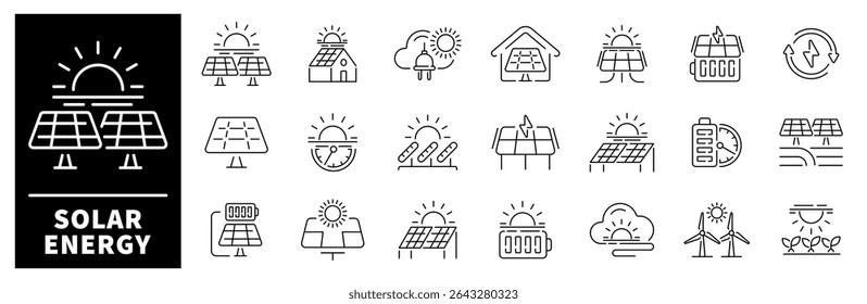Solar energy icon set. Thin line icons set related to solar energy and electricity. Solar energy icons collection in line style. Power, energy resources, electricity