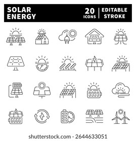 Solar energy icon set. Thin line icons set related to solar energy and electricity. Solar energy icons collection in line style