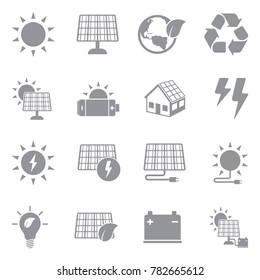 Solar Energy Icons. Gray Flat Design. Vector Illustration. 