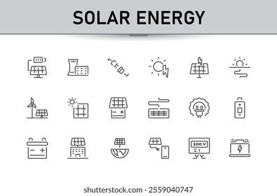 Solar energy icons set. Concept of energy efficient renewable energy icon isolated on white background. Related to battery, bulb, eco, photovoltaic and more.