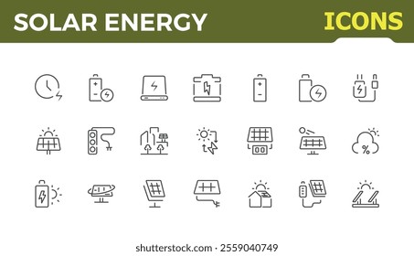 Solar energy icons set. Concept of energy efficient renewable energy icon isolated on white background. Related to battery, bulb, eco, photovoltaic and more.