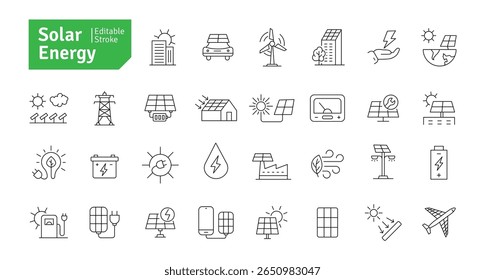 Solar Energy Icons Set. Solar Panel, Green Energy, Sun Energy, Solar Battery, Energy Saving, Solar House, Ecology, Electricity, Renewable Energies Editable Stroke Vector Illustration