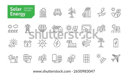 Solar Energy Icons Set. Solar Panel, Green Energy, Sun Energy, Solar Battery, Energy Saving, Solar House, Ecology, Electricity, Renewable Energies Editable Stroke Vector Illustration