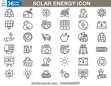 Solar energy Icons set vector illustration.  Collection of renewable energy, solar Power, sunlight, battery, solar grid, Inverter and solar charge. 