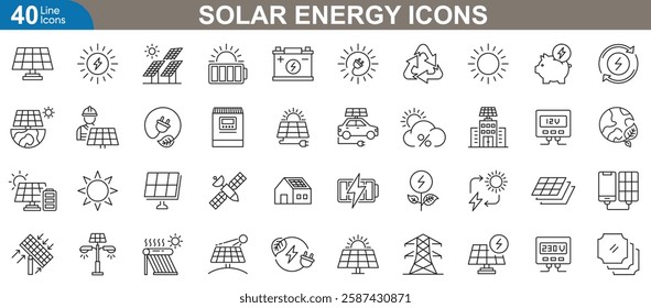 Solar energy icons set. Vector illustrations of renewable energy, panels, solar power systems, green technology, eco-friendly electricity, sustainable energy sources, and more.