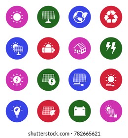 Solar Energy Icons. White Flat Design In Circle. Vector Illustration. 