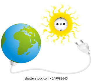 Solar Energy - Illustration of sun, earth, socket and plug, a symbol for solar energy and green electricity. Isolated vector on white background.