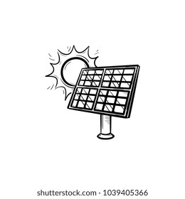 Icono del doodle dibujado a mano por la industria de la energía solar. Icono de esbozo para diseño ecológico y ambiental. Ilustración vectorial de panel solar para impresión, móvil e infografía aislada en fondo blanco.